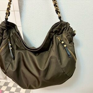 Vintage MaxxNY brown nylon hobo bag with gold-toned chains